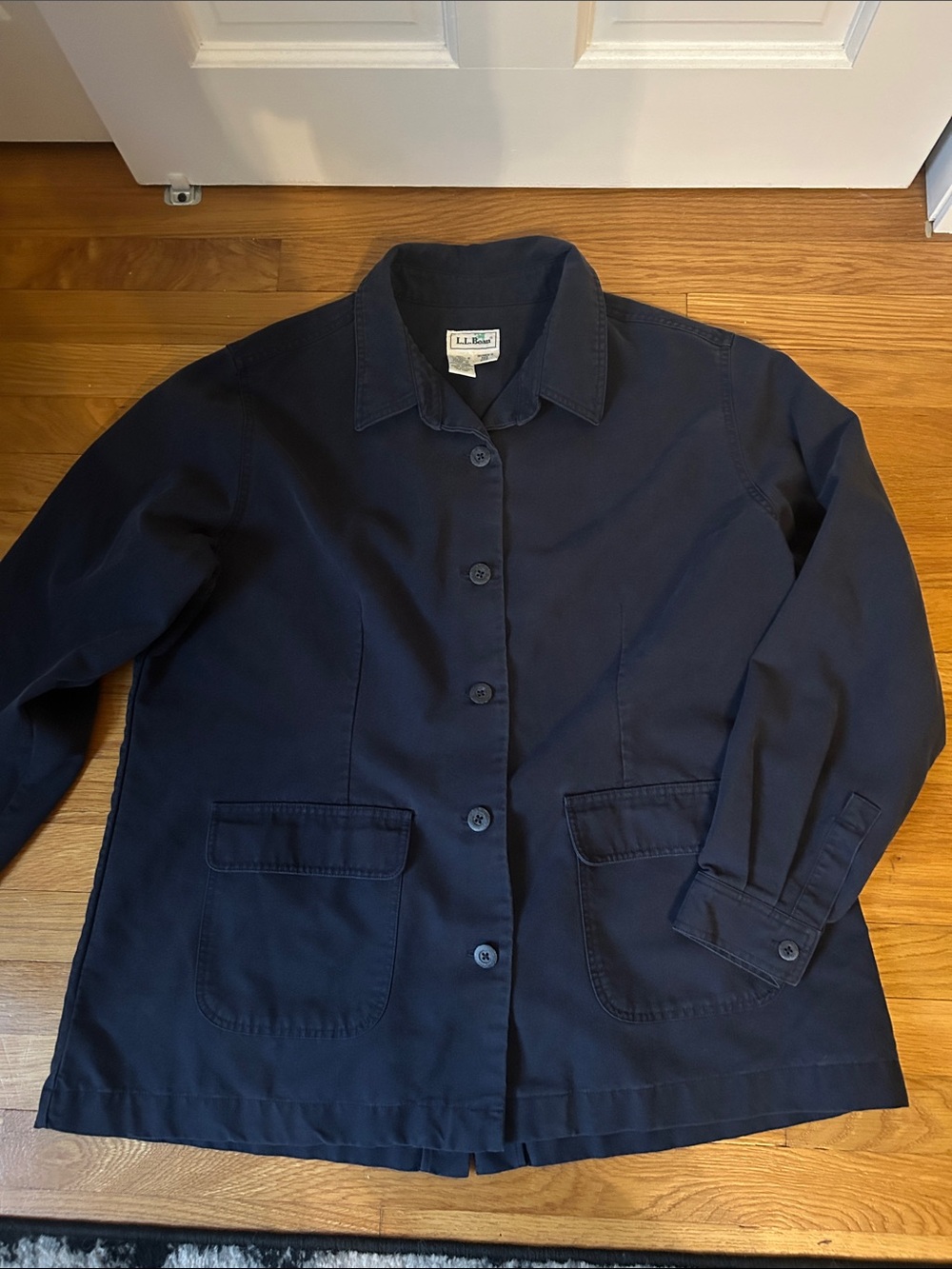 LL Bean Classic Women's Navy Button-Up oversized Jacket Tencel/ Cotton blend